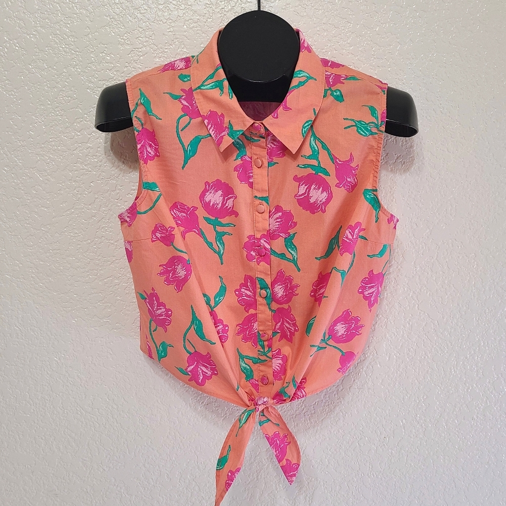 ModCloth Retro Orange Sleeveless Flower Button Down Halter Top